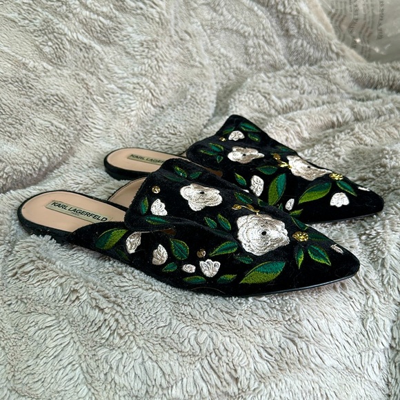 Karl Lagerfeld velvet floral embroidered flat mules - Picture 1 of 6